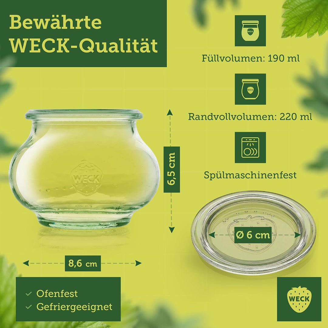 Weck Gläser 190ml – 12er Set mit Deckeln – Schmuckform – robuste, stapelbare Vorratsgläser & Einweck