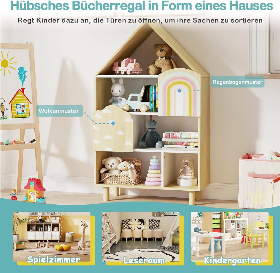 COSTWAY Kinderregal in Hausform, Bücherregal Kinder mit 2 Türen &amp; massiven Holzbeine, 4 Ebenen Spiel