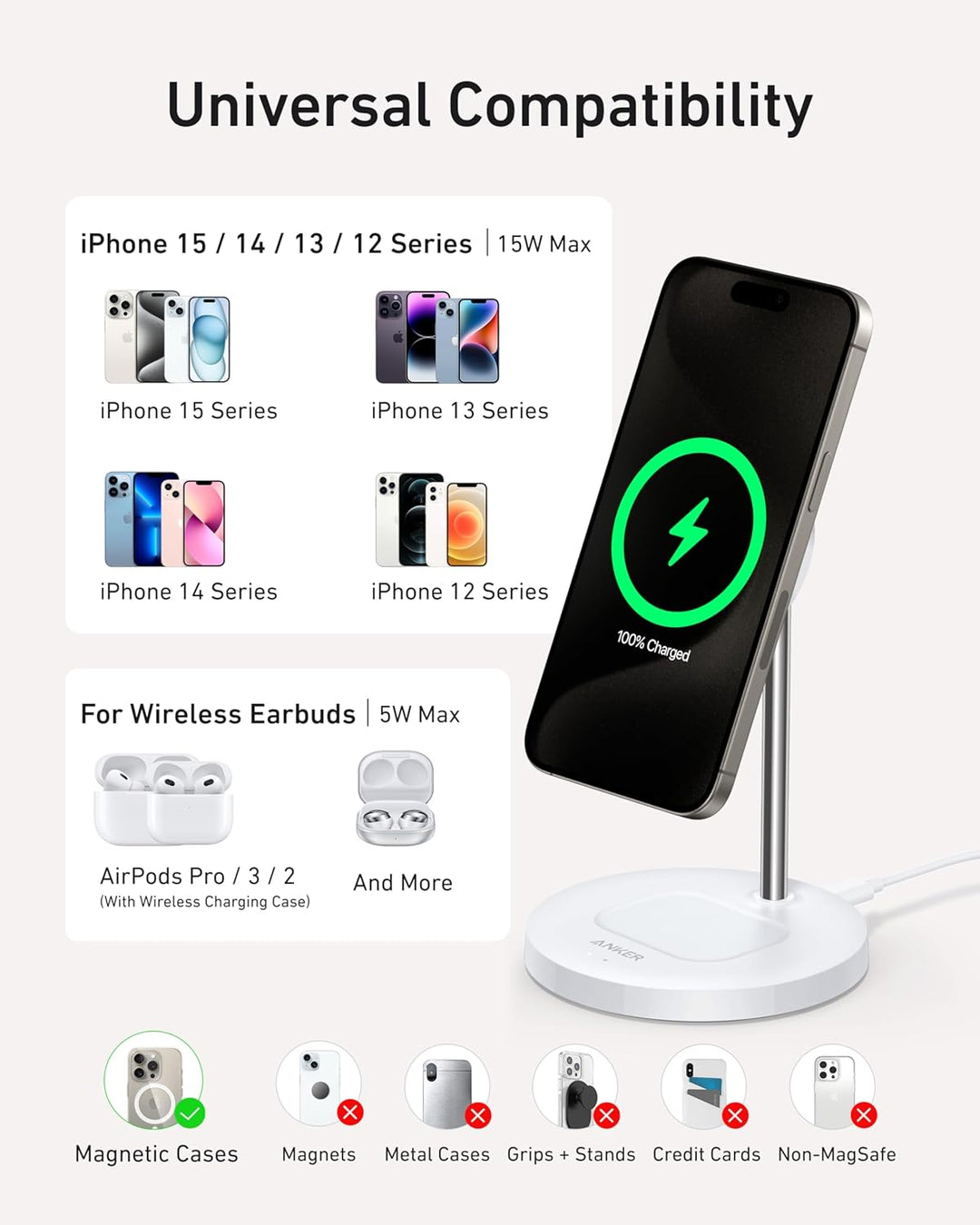 Anker MagGo 15W Magsafe Ladegerät kompatibel, 2-in-1 Induktive Ladestation, Qi2 Wireless Charger für