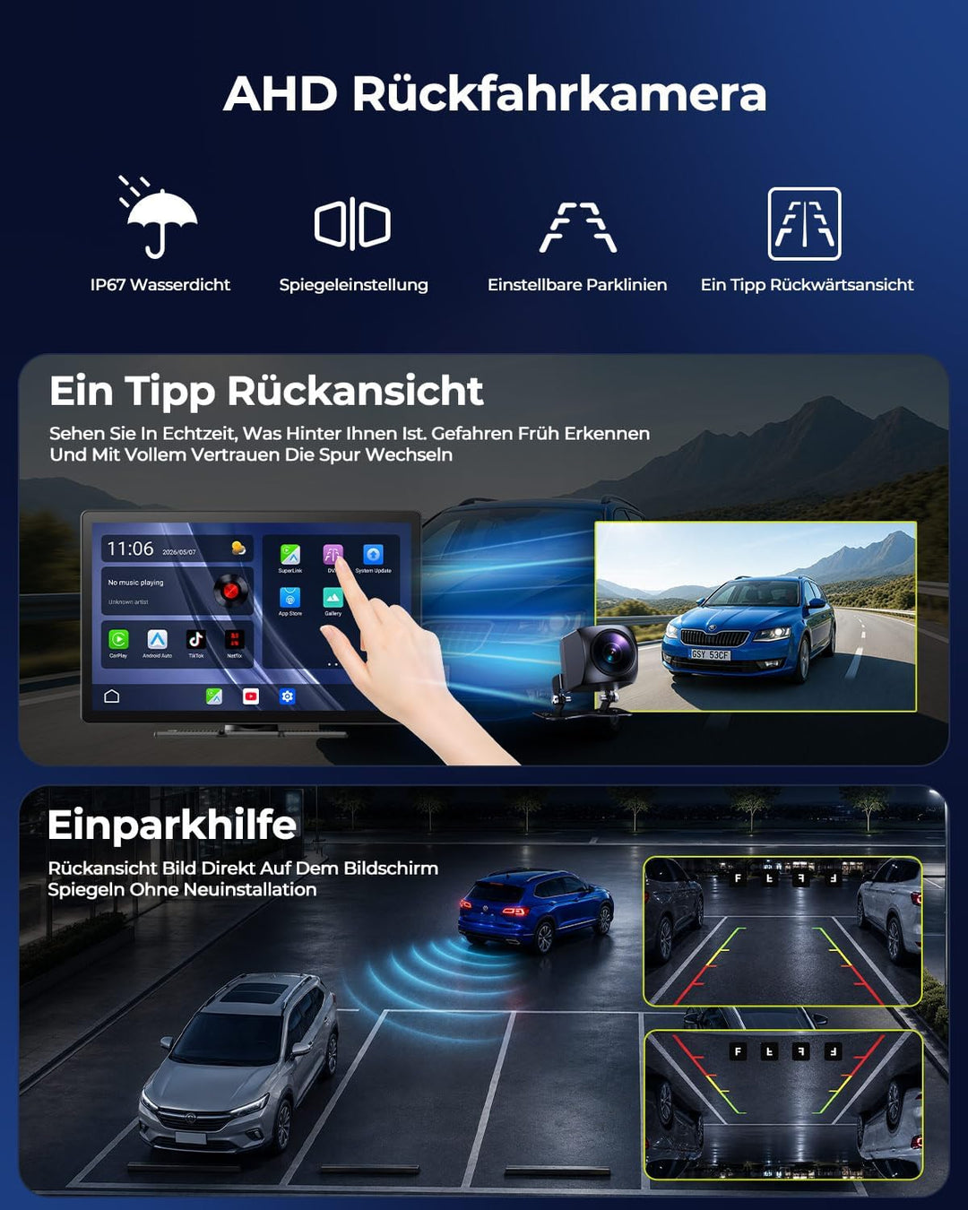 LAMTTO 11 Zoll Wireless CarPlay Display mit YouTube TikTok Video-Apps,Tragbares Autoradio für Apple
