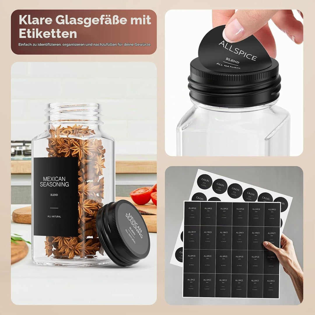 Gewürzgläser mit Regal [24 x 120ml] + 372 Gewürzetiketten, Gewürzregal Schublade mit Gläsern mit 6 G