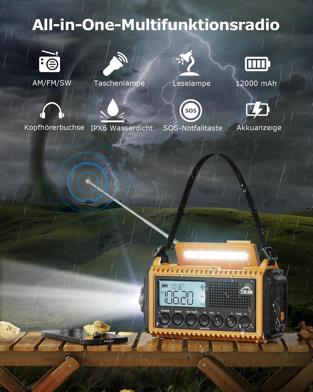 Roxicosly Kurbelradio, Notfallradio mit 12000-mAh Power Bank, AM/FM/SW Baustellenradio, Kurbel &amp; 5-W