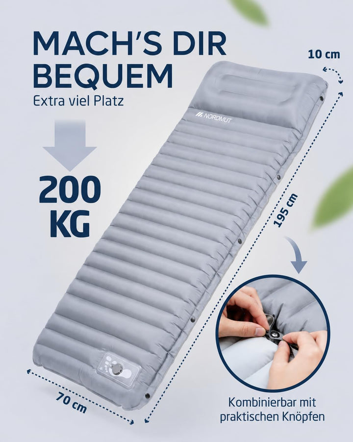 NORDMUT® Isomatte Schnellaufblasend mit integrierter Fusspumpe 10 cm - Isomatte Camping mit kleinem