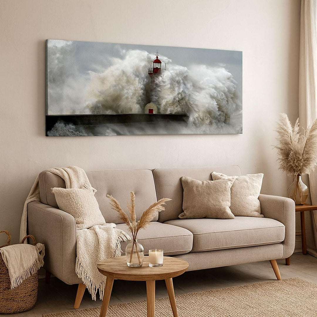 Wandbilder Dekoration Wohnzimmer Leuchtturm Ozean Sturm Panorama Bilder auf Leinwand 120x50cm Leinwa