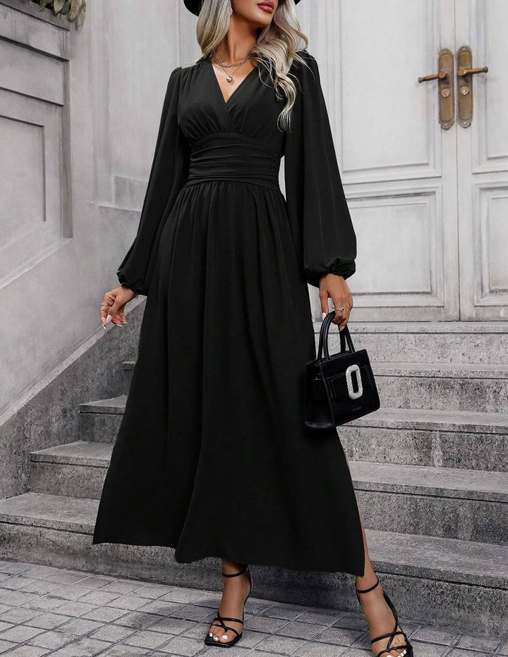 Damen Kleid 2.0 Elegant Langarm V-Ausschnit Tunika Maxikleider Casual Hohe Taille Saumschlitz Cockta