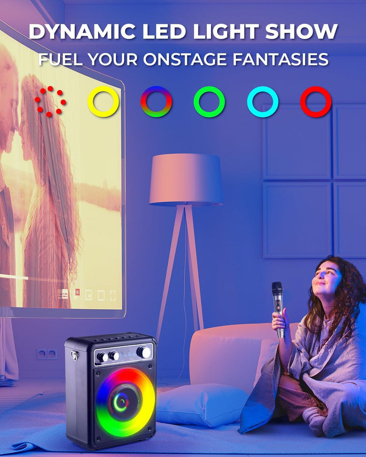 BONAOK Tragbare Karaoke-Maschine, Bluetooth-Karaoke-System mit 2 Mikrofonen, wiederaufladbare Party-