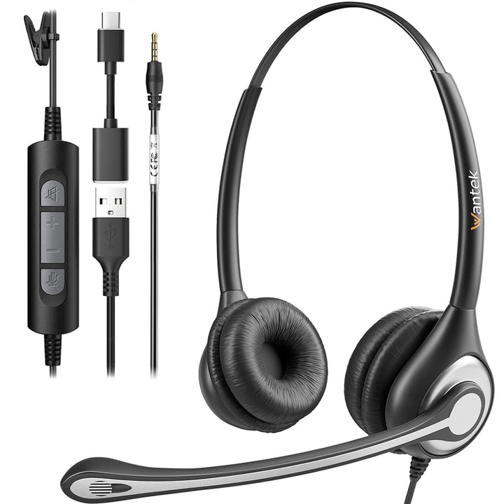Wantek Stereo-Headset,schnurgebunden,USB-A,Mikrofon mit Noise Cancelling-ganztägiger Komfort-USB-A:P
