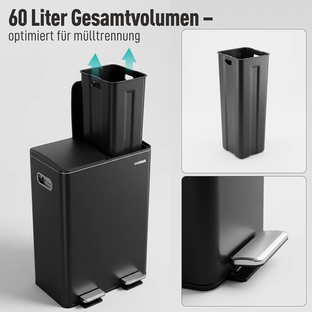 CATAVANA Mülleimer Küche Mülltrennung 2 x 30 Liter - Doppelfach 60 Liter - Moderner Recycling-Müllei