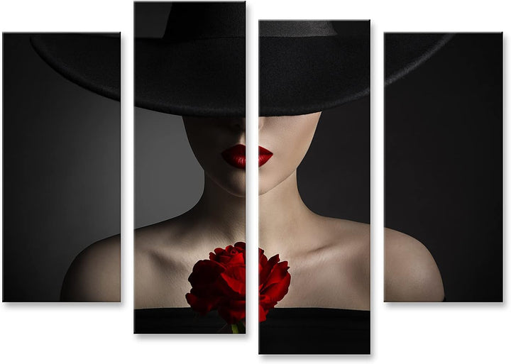 islandburner Bild auf Leinwand Rote Rose Blume Frau Lippen Schwarzer Hut Mode Model Schönheit Bilder