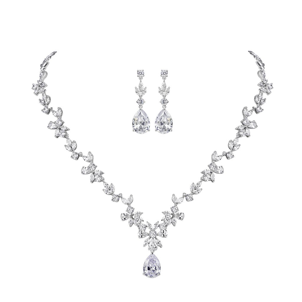 MASOP Silber Braut Schmuckset, Damen Hochzeit Schmuck Set, Blumen Ohrringe und Halskette mit Anhänge