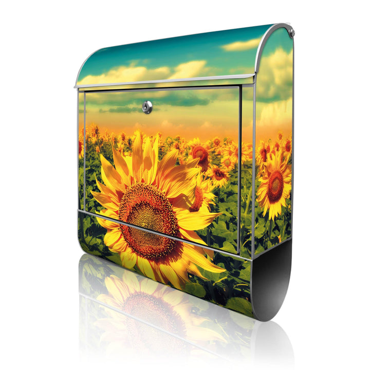 banjado® Design Briefkasten mit Motiv Sonnenblumen 39x47x14cm &amp; 2 Schlüssel - Briefkasten Stahl Silb