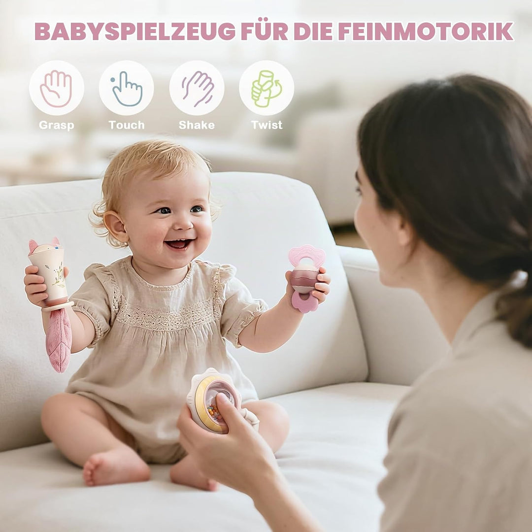 Baby Spielzeug ab 3 Monate, Beissring Baby Rassel 0-6 Monate Sensorik Zahnungshilfe Neugeborenen Ges
