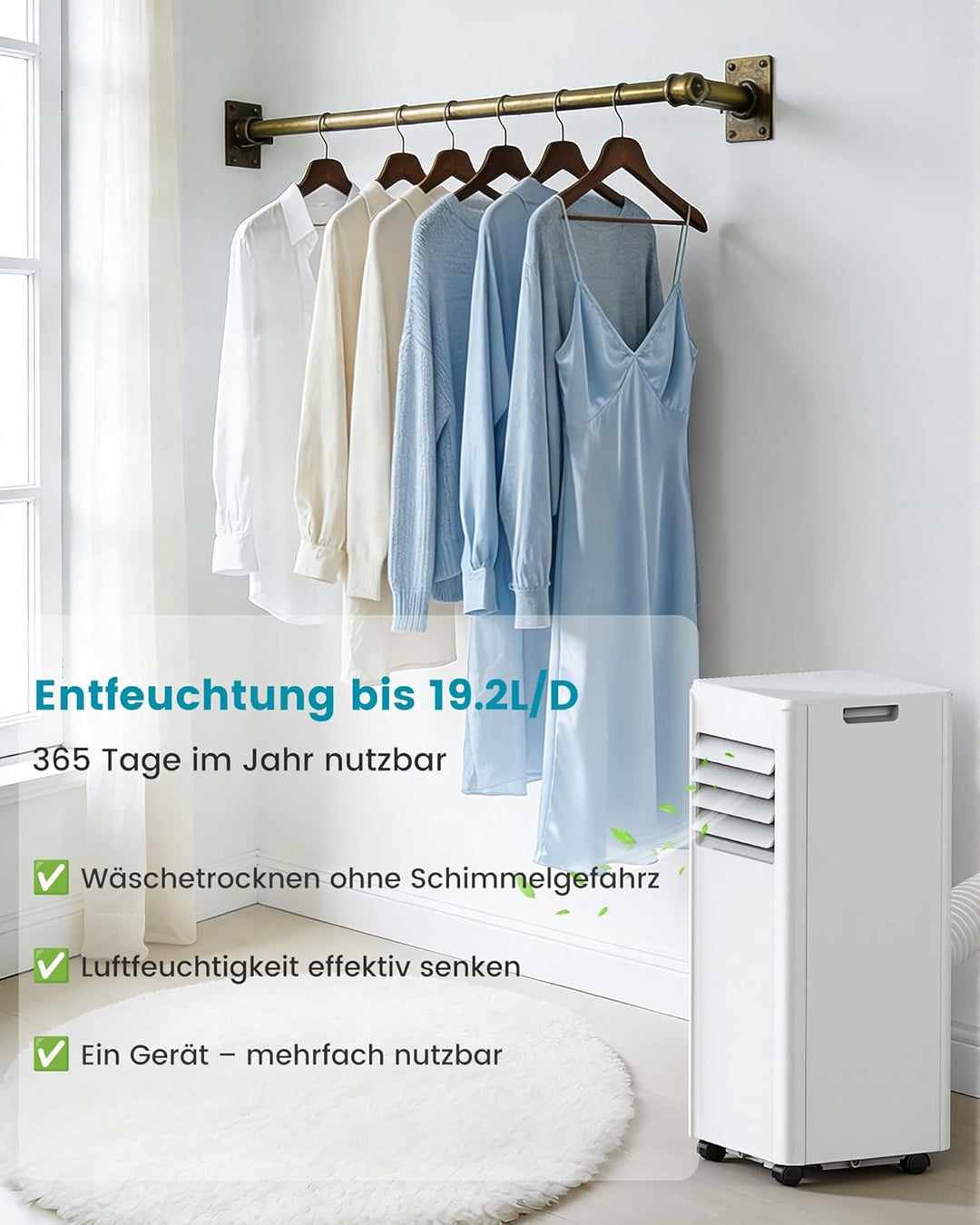 Electactic Mobile Klimaanlage 7000 BTU, 3-in-1 Mobiles Klimagerät mit Abluftschlauch & Ventilator &