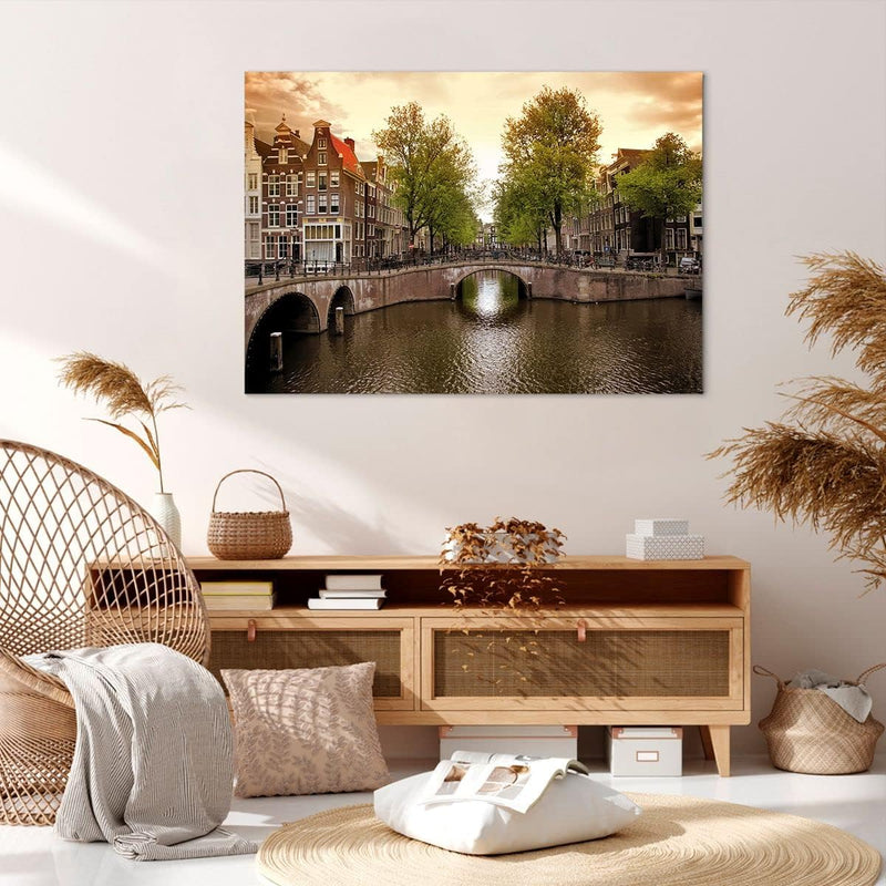 Bilder auf Leinwand 100x70cm Leinwandbild Kanal Wasser Amsterdam Fahrrad Gross Wanddeko Bild Schlafz