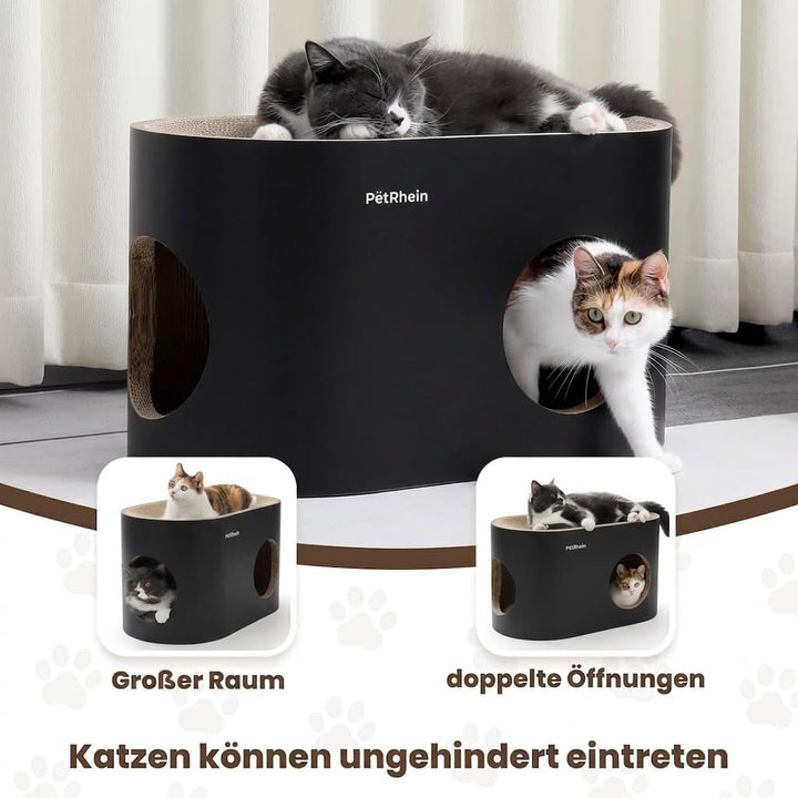 PetRhein Kratzbrett für Katzen aus Kratzpappe,3-in-1 grosses Katzenhöhle mit Kratzmatte &amp; Katzenbett