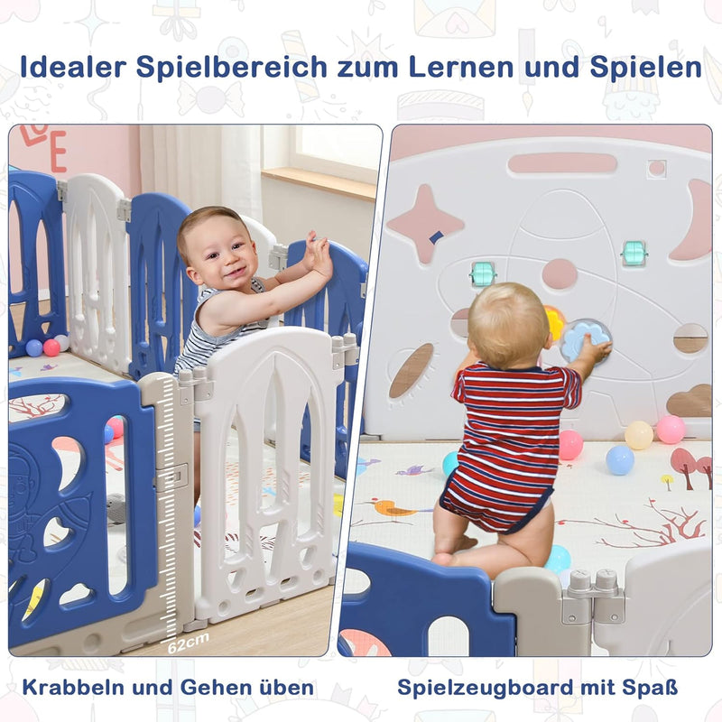 UISEBRT Laufgitter Baby Laufstall Faltbar mit Tür und Spielzeugboard, Absperrgitter aus Kunststoff S