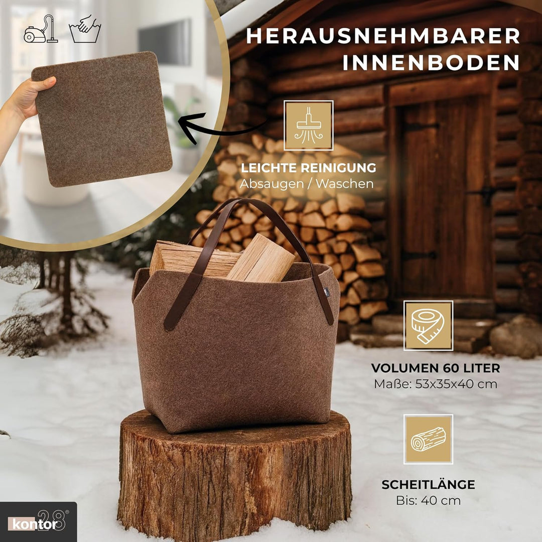 kontor28® - Kaminholzkorb aus Premium Filz 100% MADE IN GERMANY | Brennholzkorb Füllvolumen 65 L mit