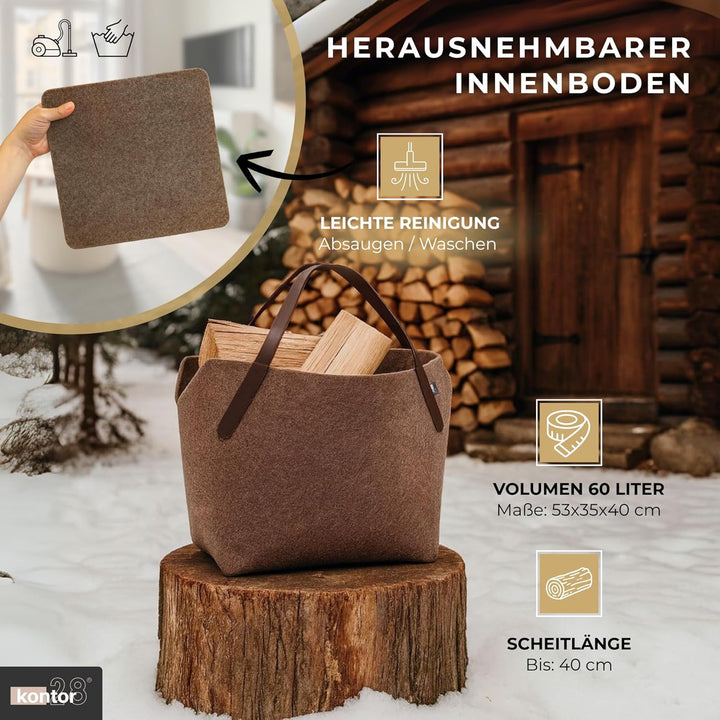 kontor28® - Kaminholzkorb aus Premium Filz 100% MADE IN GERMANY | Brennholzkorb Füllvolumen 65 L mit
