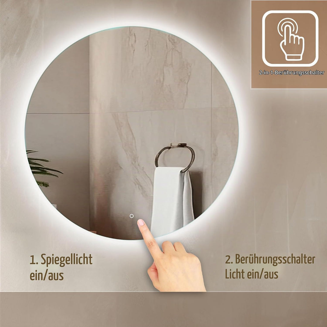 Venti 60cm Badspiegel mit Beleuchtung, Badezimmerspiegel mit Beleuchtung, LED Badspiegel, Spiegel Ru