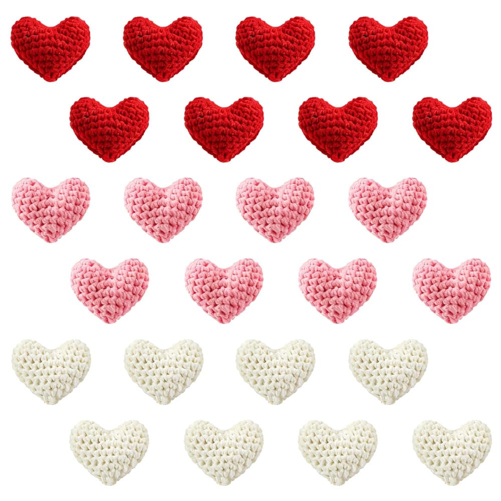 DONGKER Mini Häkelherzen, 24/36 Stück Gestrickte Valentinstag Schalenfüller, 5,5x5 cm, 3 Farben, Häk