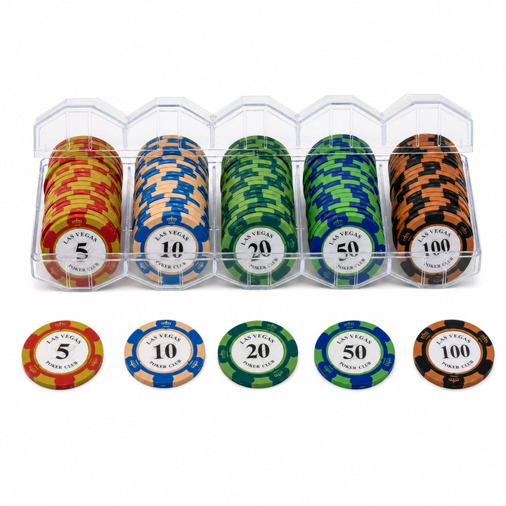 Pokerchip-Set mit 100 Tonchips mit Nennwert, geeignet für Blackjack und Casinospiele, 20 Chips pro N