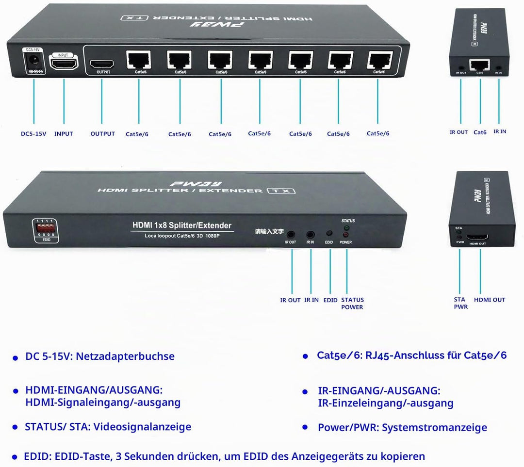 PW-HTS0107IR（POC） 1X7 Port HDMI Splitter Extender/Verteiler Ultra HD 1080P Ohne Verzögerung 60m über