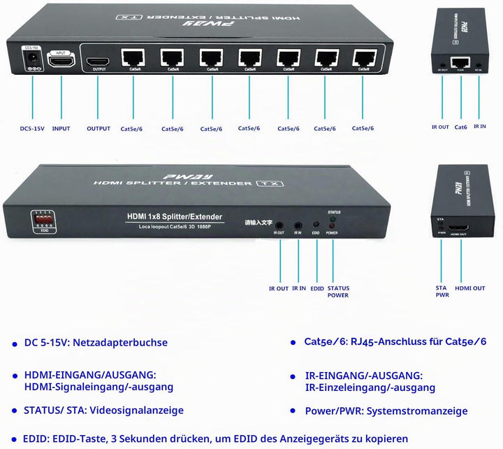 PW-HTS0107IR（POC） 1X7 Port HDMI Splitter Extender/Verteiler Ultra HD 1080P Ohne Verzögerung 60m über