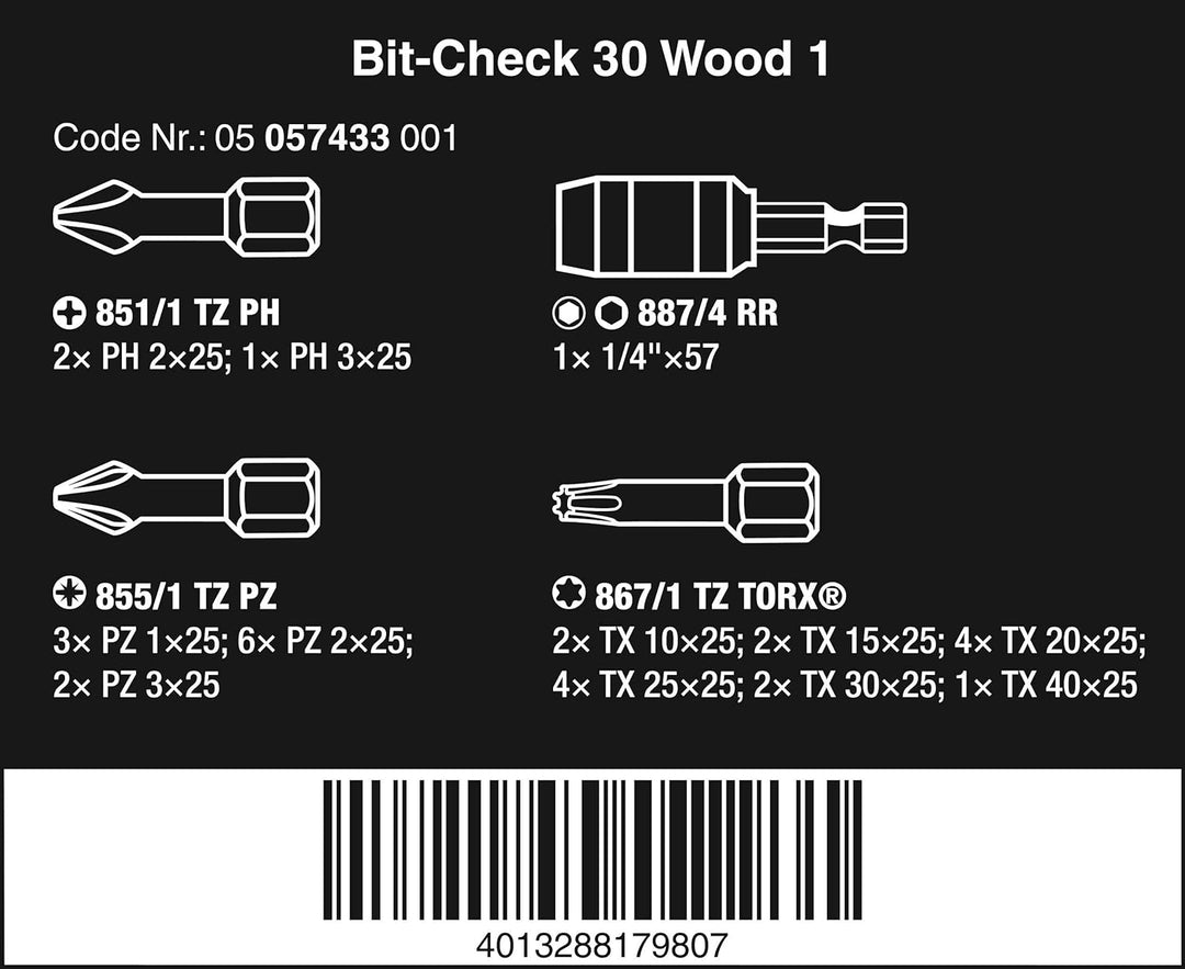 Wera 05057433001 Sortiment, Bit-Check Wood 1, 30-teilig, Stück