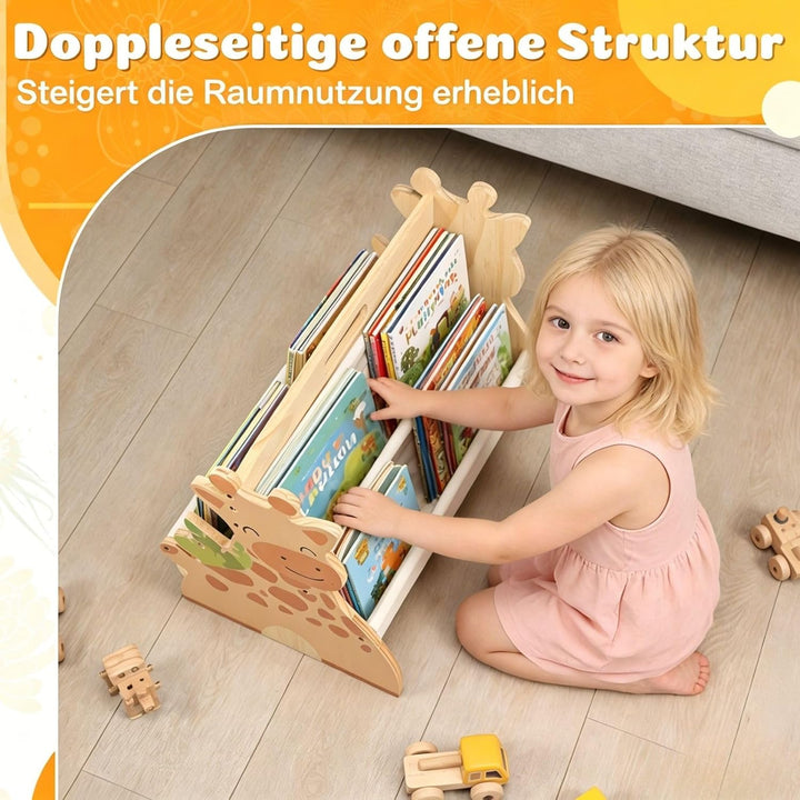 Bücherregal Kinder Holz Doppelseitig 4-spaltige 43x34x28,3cm Kinderbücherregal Klein mit Griff Monte