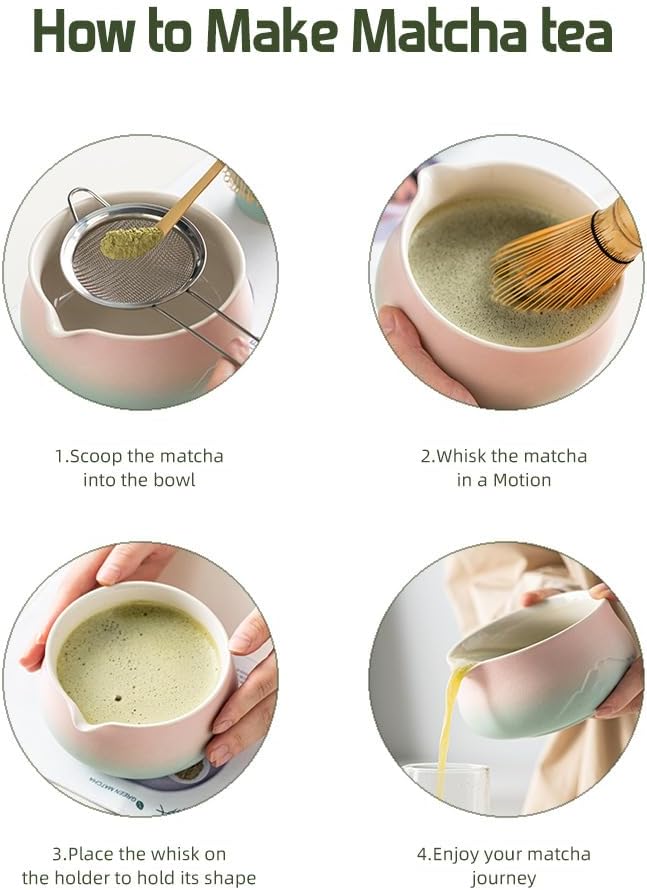 Matcha Set 7 teilig – Matcha Schale mit Ausgiesser, Matcha Besen (Chasen), Schaufel, Sieb, Besenhalt