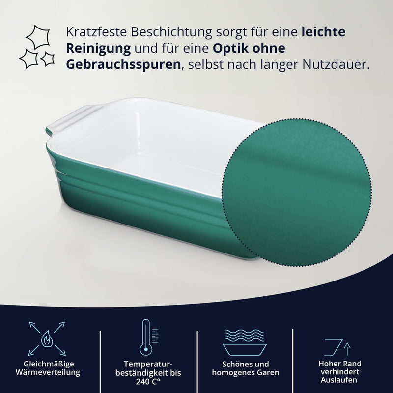 KHG Auflaufform gross 40 cm Türkis für 4-6 Personen, Kapazität 3 Liter, Ofenform Keramik Steingut re