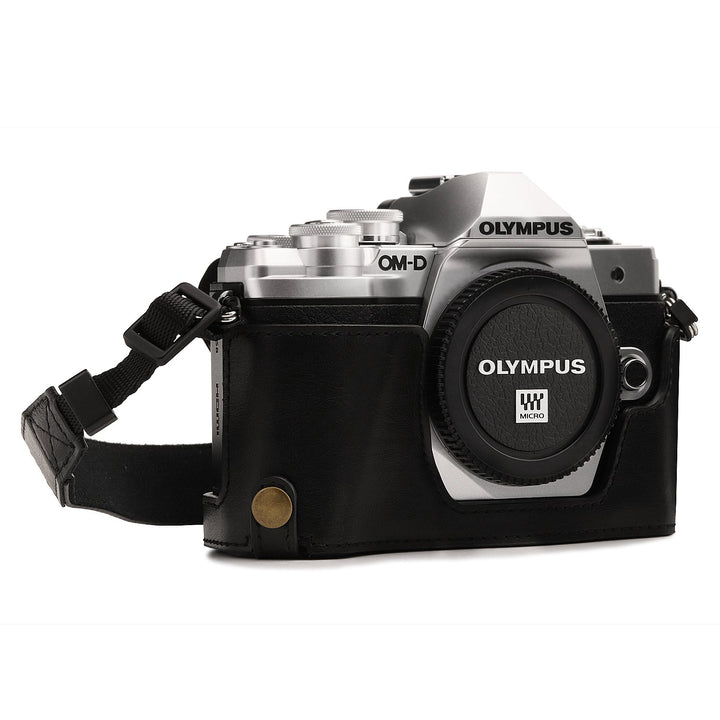 MegaGear Ever Ready Leder Kamera Halbtasche mit Trageriemen kompatibel mit Olympus OM-D E-M10 Mark I