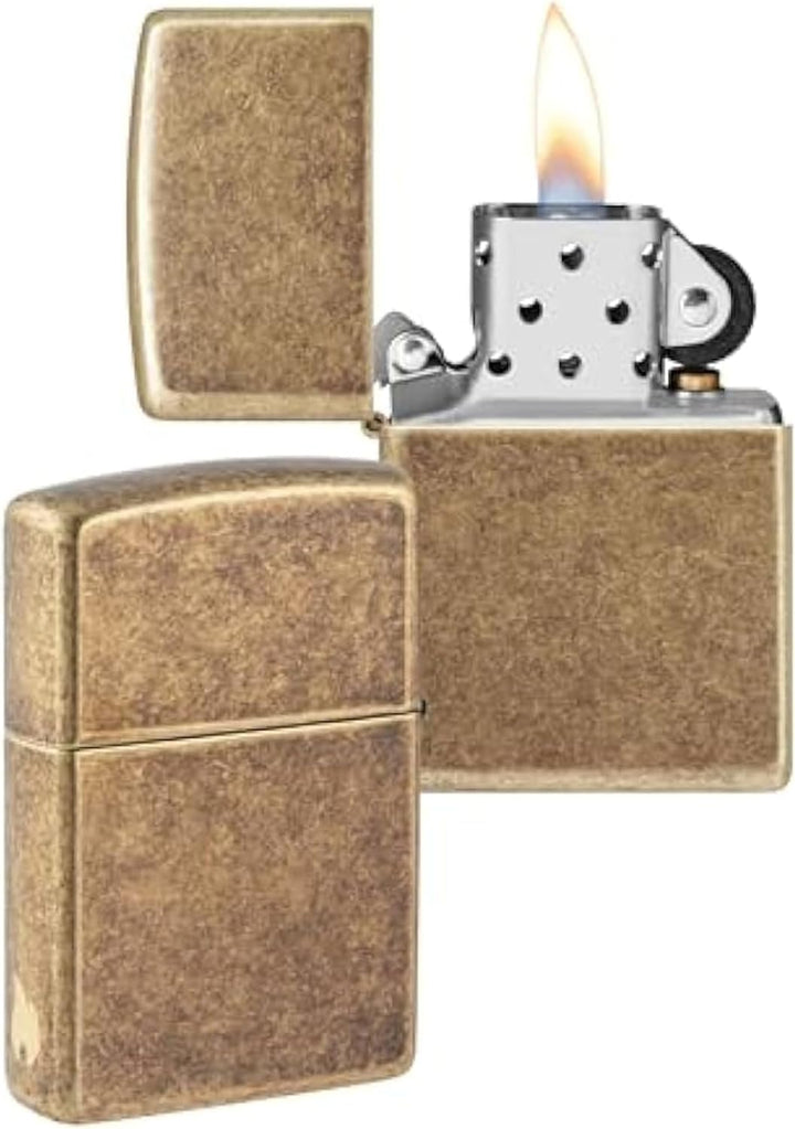 ZIPPO - Antique Brass - nachfüllbares Sturmfeuerzeug in hochwertiger Geschenkbox (Gold, Flammenmotiv