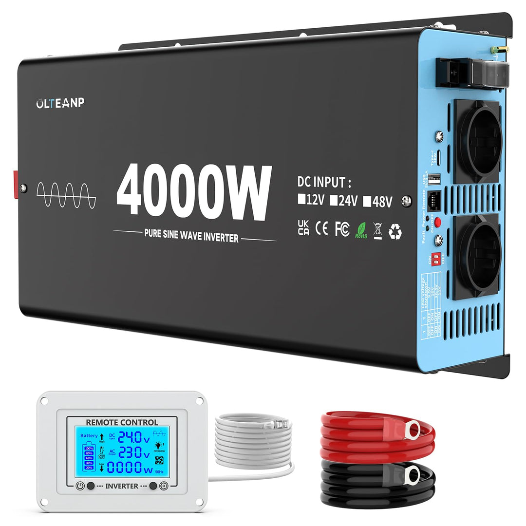 OLTEANP 4000W Wechselrichter Reiner Sinus 24V auf 230V KFZ Spannungswandler mit LCD-Bildschirm-Fernb