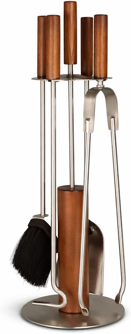 MS Beschläge Kaminbesteck Edelstahl mit Holzgriffen 5-teilig - Kamingarnitur modern - Kaminzubehör S