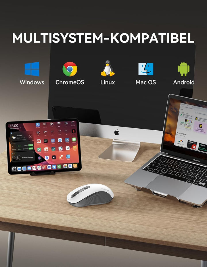 TECKNET Bluetooth Maus, Maus Kabellos (Tri-Modus: BT 5.0/3.0+2.4G) 4800 DPI Leise Mouse, Funkmaus mi