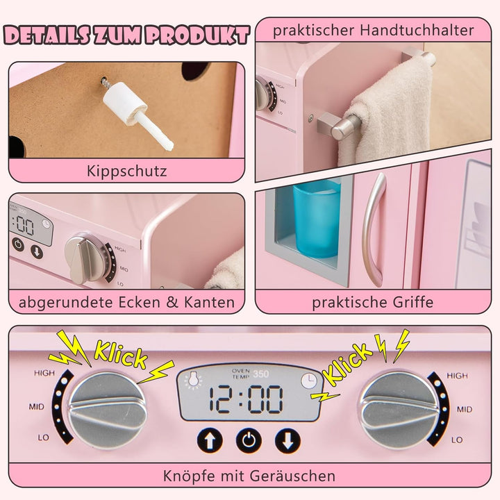COSTWAY Kinderküche mit 10 Spielzubehör, Spielküche Kinder mit Tafel, Spielzeugküche mit Mikrowelle