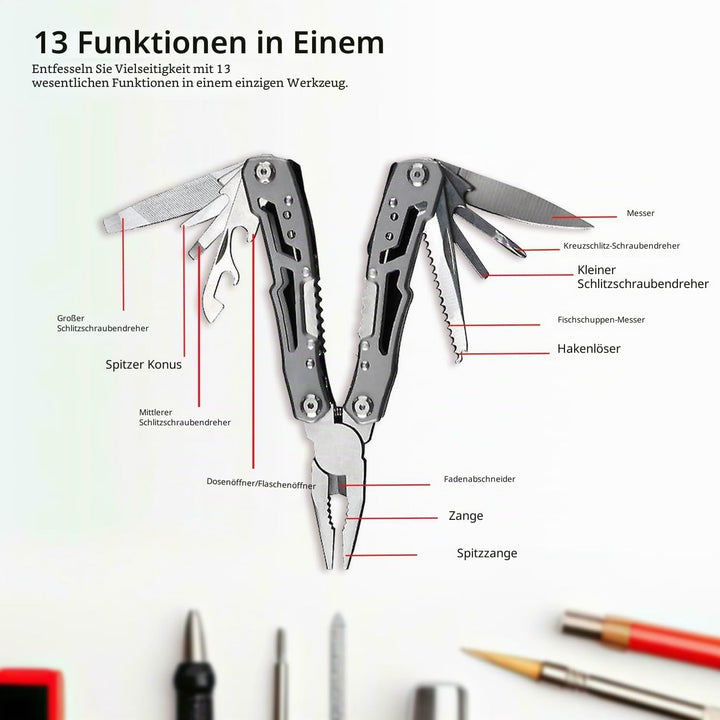Multitool 14-in-1 mit Zange, Messer, Schraubendreher, Flaschenöffner und Nylonetui – Kompaktes und R