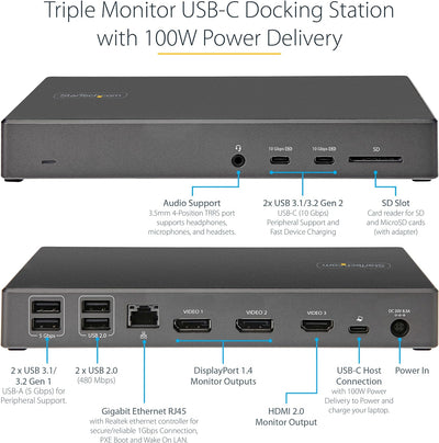 StarTech.com USB C Dock (DK31C2DHSPDUE) Dreifache 4K Monitor USB Typ-C Dockingstation - 100W Power D