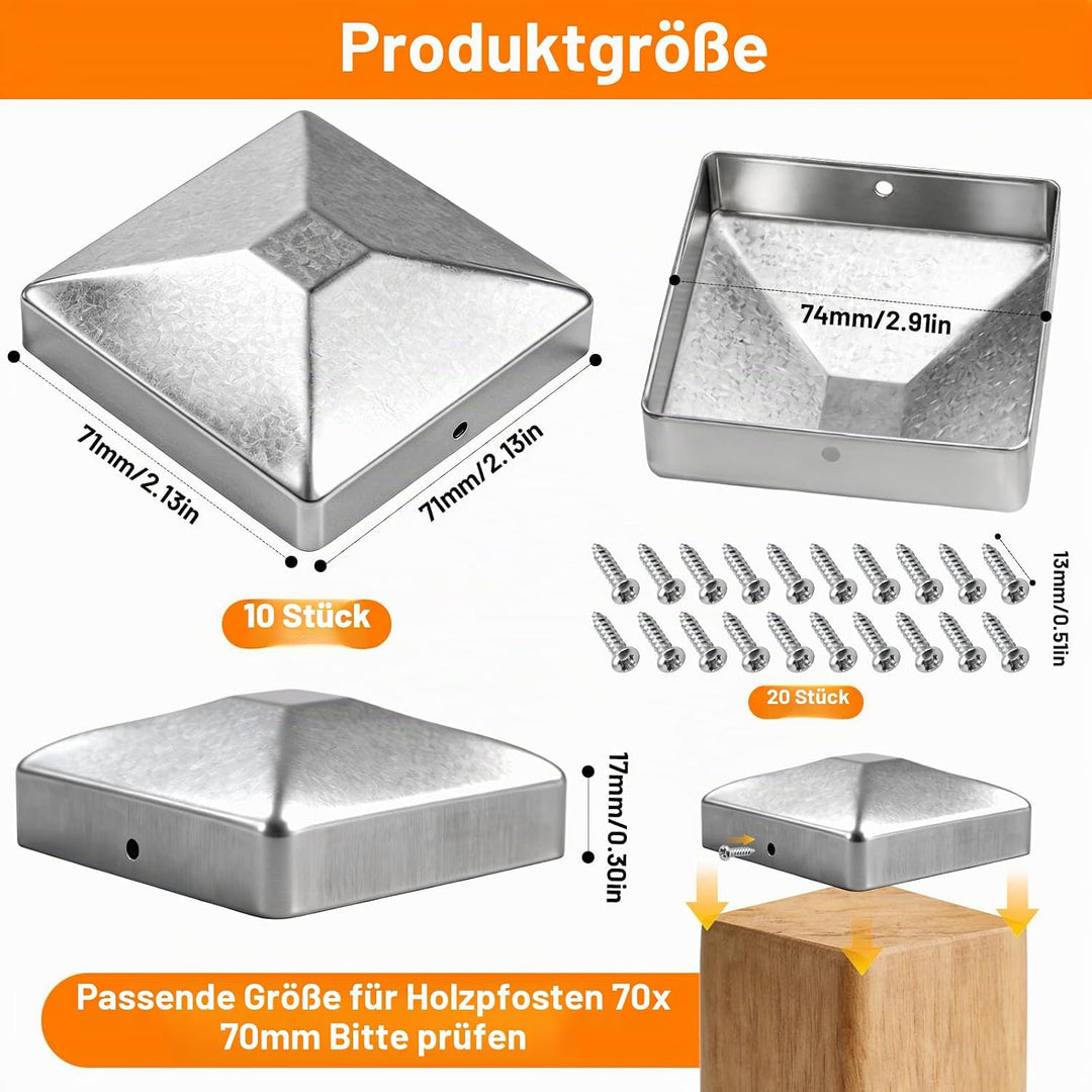 10 Stück Pfostenkappen 71x71mm, Zaunpfosten Kappen Verzinkt | Rostfreie Pfostenabdeckung Metall, mit