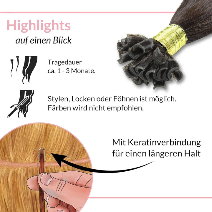 hair2heart Extensions Echthaar Bondings Gewellt - 25 Strähnen 1g 60cm 4/0 mittelbraun 25 Strähnen #2