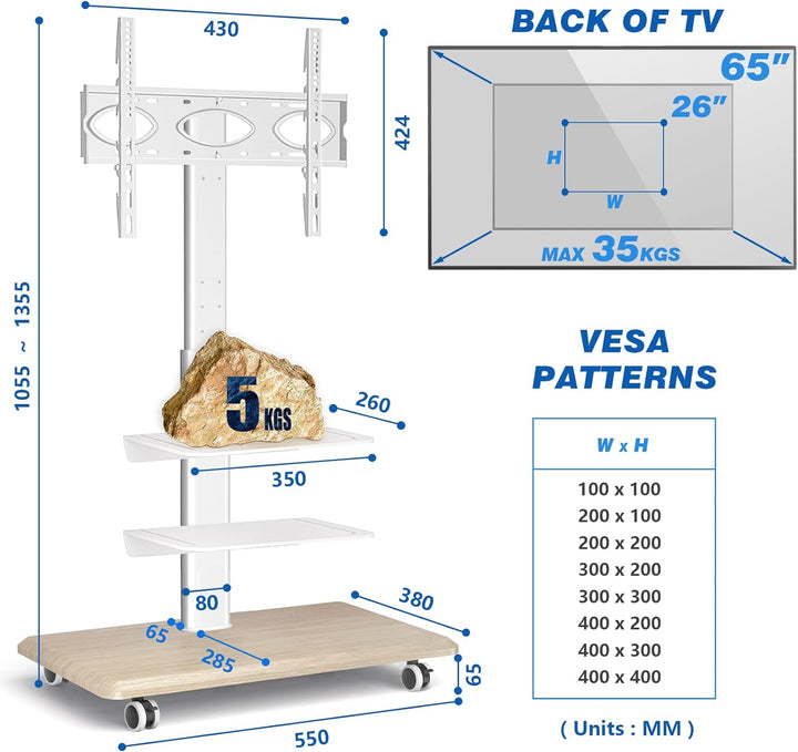 RFIVER Mobiler TV Ständer auf Rollen TV Bodenständer Rollbar mit 3 Ablagen für 26-65 Zoll Fernseher,