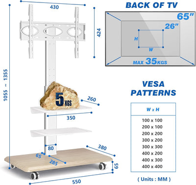 RFIVER Mobiler TV Ständer auf Rollen TV Bodenständer Rollbar mit 3 Ablagen für 26-65 Zoll Fernseher,