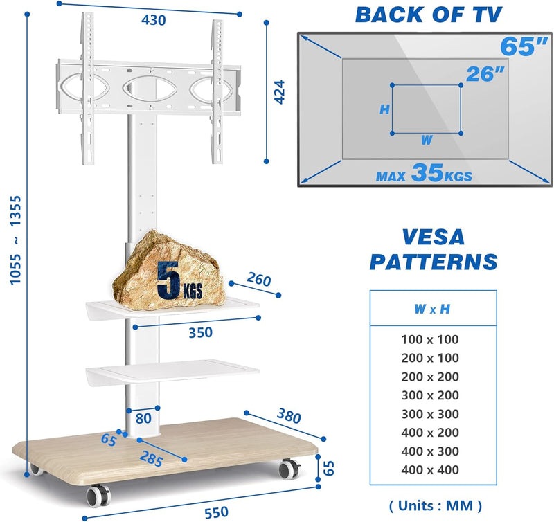 RFIVER Mobiler TV Ständer auf Rollen TV Bodenständer Rollbar mit 3 Ablagen für 26-65 Zoll Fernseher,