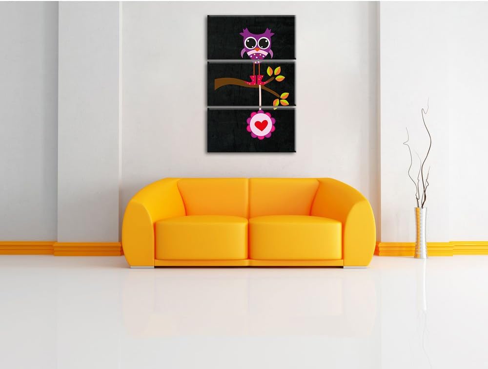 Pixxprint Süsse Eule auf AST mit Anhänger als Leinwandbild/Grösse: 3 Teilig (120x80) cm/Wandbild/Kun