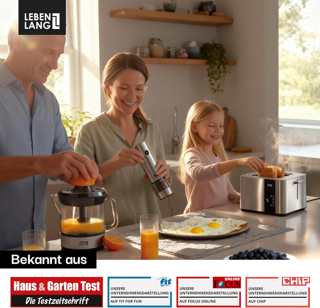 LEBENLANG Edelstahl Toaster mit Brötchenaufsatz 2 Scheiben - Touchscreen LED Display & 7 Stufen I 85