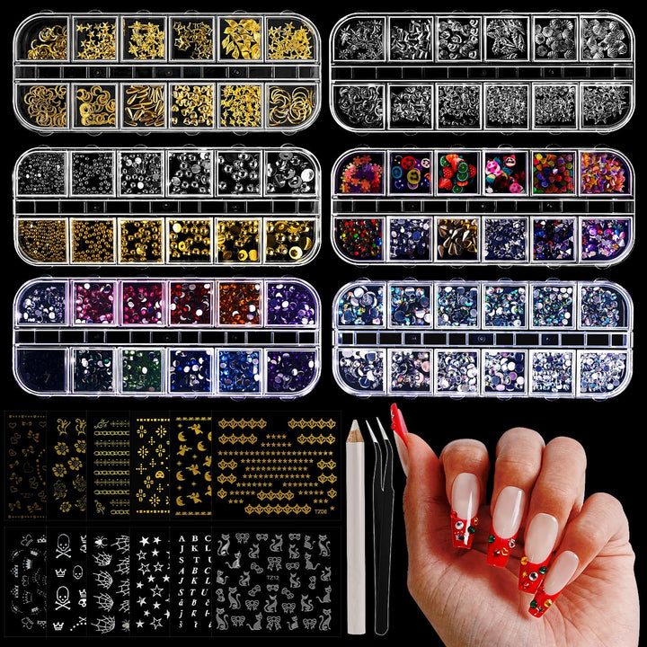 JODSONE Nagelcharms, Nagel-Rhinestone-Set mit 6 Schachteln Rhinestones, 12 Nagelsticker in zwei Farb