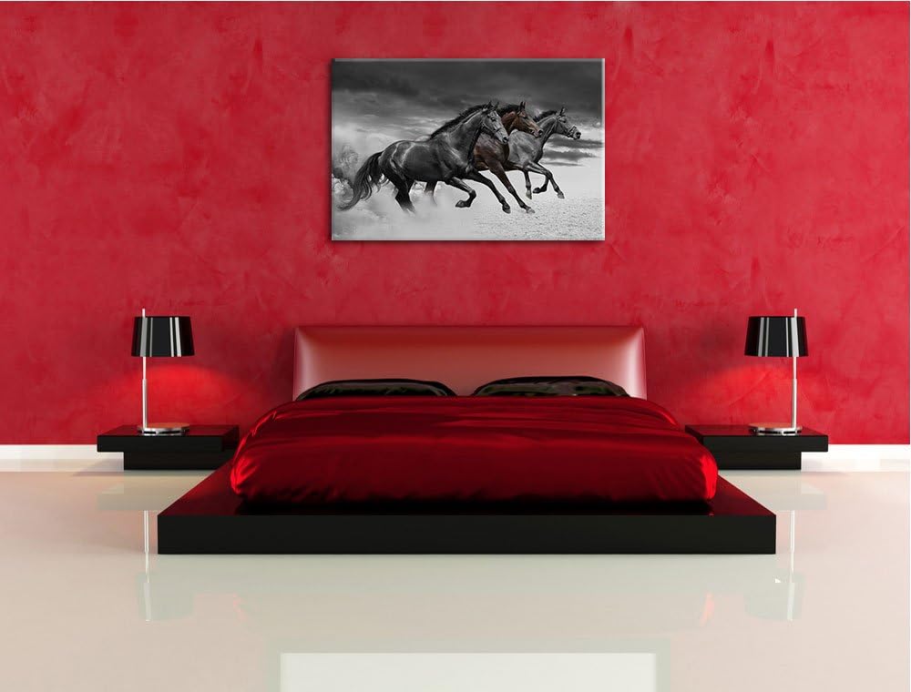 drei Westernpferde im Sand schwarz/weiss Format: 100x70 auf Leinwand, XXL riesige Bilder fertig gera