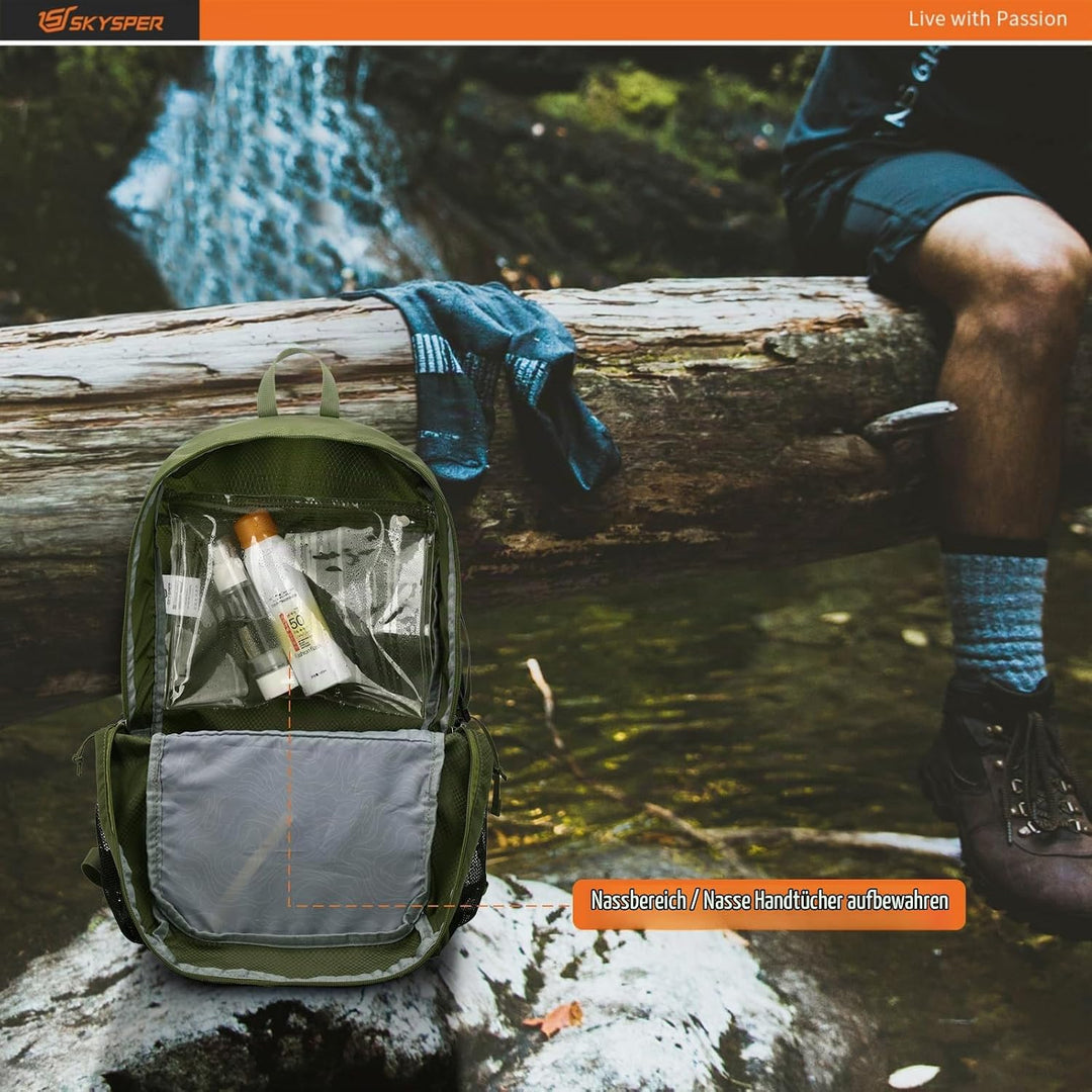 SKYSPER Ultraleichter Faltbarer Rucksack mit Nassfach - Wasserfest und Verstaubarer Daypack für Wand