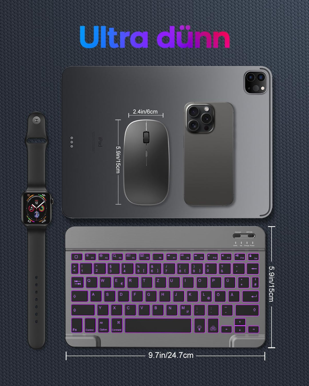 TECURS Bluetooth Tastatur Maus Set für iPad Air/Pro/Mini/11/10.9/10.2/9.7/iPhone, QWERTZ Deutsches L